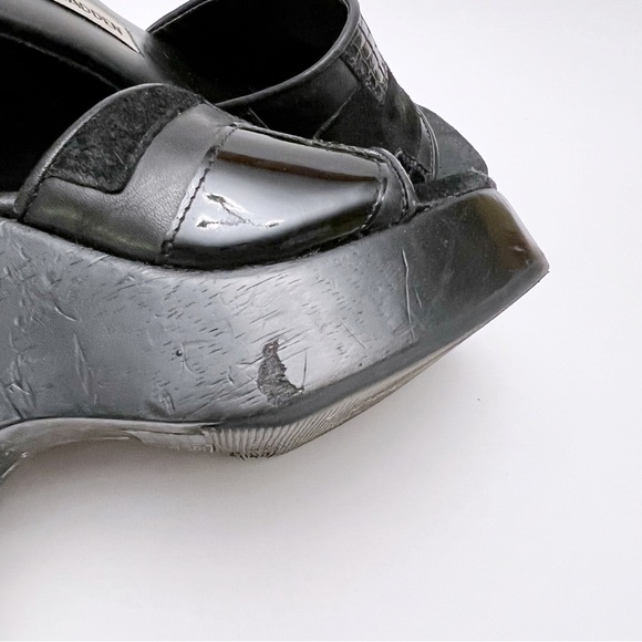 Vintage 90s Y2K Steve Madden Black Patchwork Leather Wood Platform Sandals - Picture 10 of 11